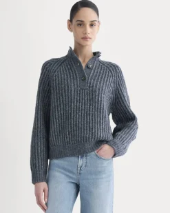 Funnel-Neck Ribbed Henley Sweater