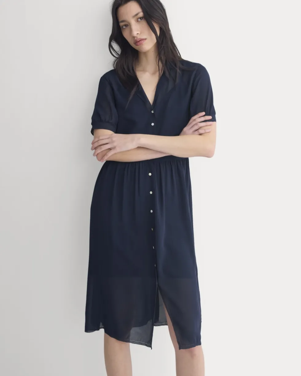 Notch Collar Shirtdress in Silk Georgette