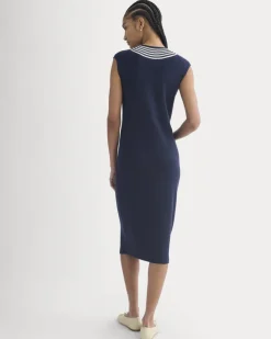 Relaxed V-Neck Midi Sweater Dress in Cotton Merino